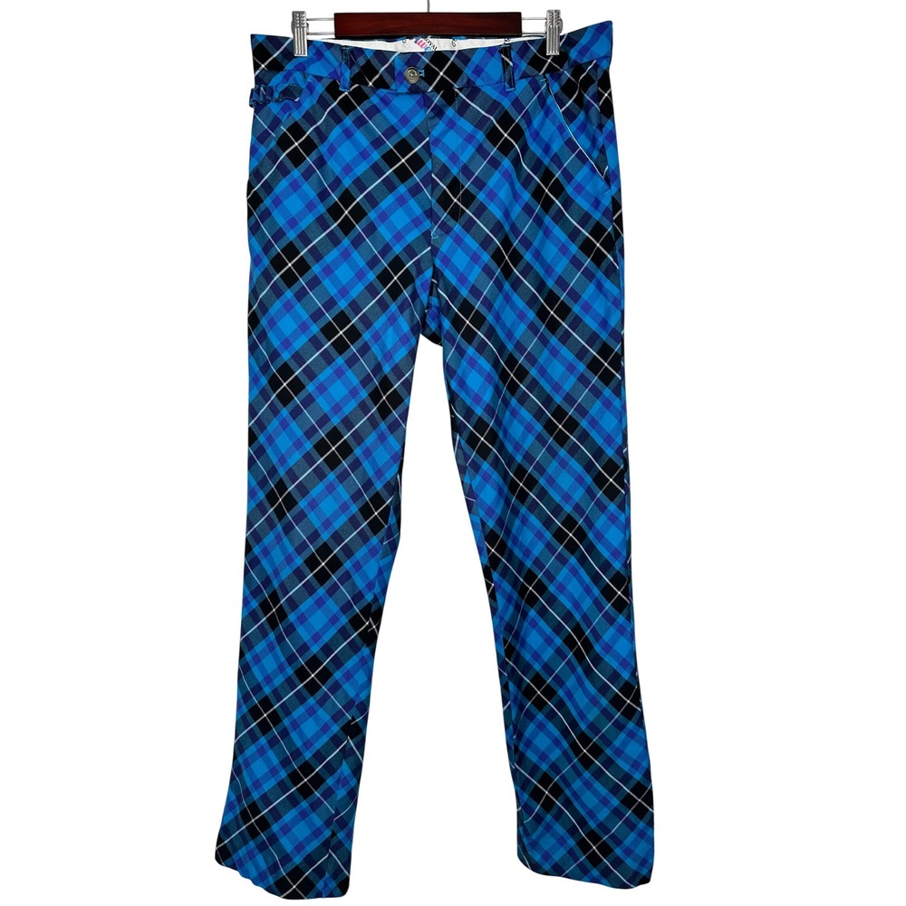 Royal & Awesome Golf Pants Size 36 x 32 Blue Black Plaid Trousers Funky Straight